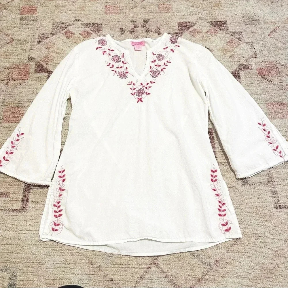 Y2K White embroidered floral blouse with pink accents size medium - Picture 8 of 12